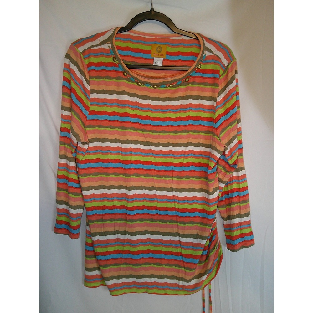 Ruby Rd. Women's Striped Wavy Print Long Sleeve Top Size Large Tunic Casual